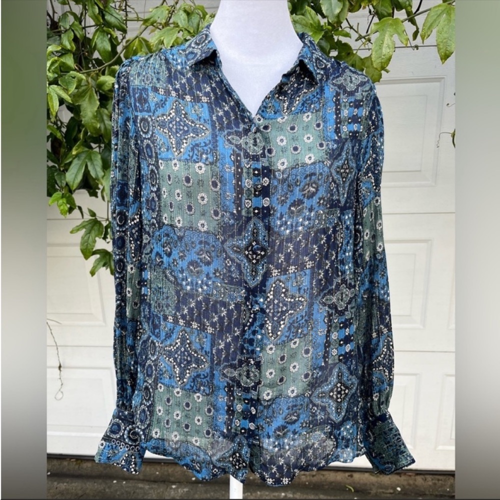 Sezane Blue and Green Patterned Blouse